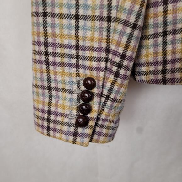 Vintage L.L. Bean wool oatmeal check plaid leather button jacket Size 18 Preppy - Picture 7 of 12